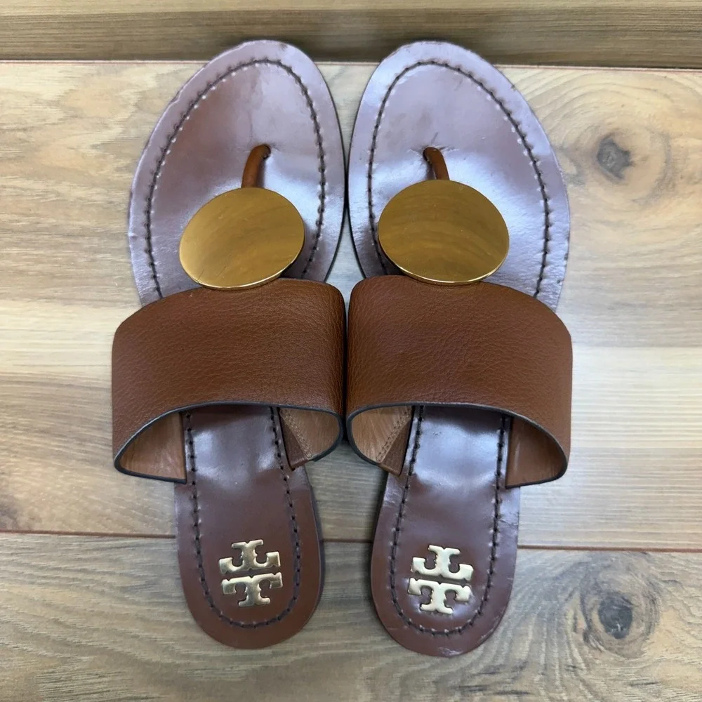 Tory Burch Patos‎ Disk Flip Flops 7 M Mou Tan Milled Calf Leather Resort Travel